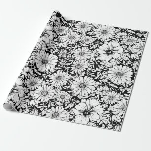 Zwart Witte Vintage Bloemige Naadloos Patroon (7) Cadeaupapier
