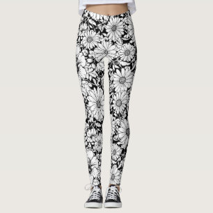 Zwart Witte Vintage Bloemige Naadloos Patroon (7) Leggings