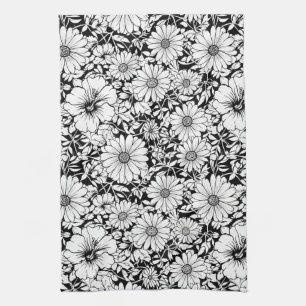 Zwart Witte Vintage Bloemige Naadloos Patroon (7) Theedoek