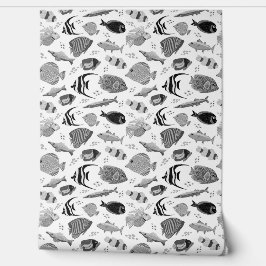 Zwart-witte vis op witte achtergrond behang