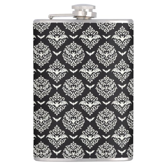 Zwart-witte vleermuis Damask Heupfles (Voorkant)