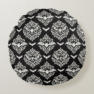 Zwart-witte vleermuis Damask Rond Kussen