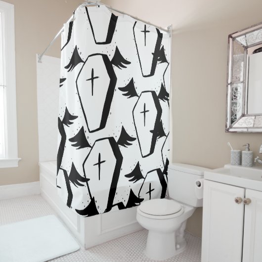 Zwart-witte vleermuiskist Gotische esthetiek Douchegordijn (In situ)