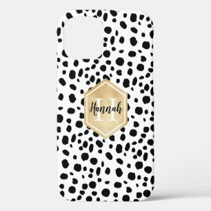 Zwart Witte Vlekken Patroon Gouden Monogram iPhone 12 Hoesje