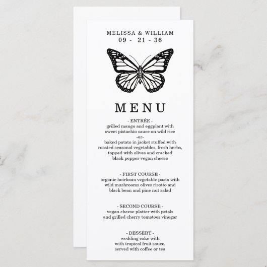 Zwart-witte vlinder bruiloft menu (Voorkant / Achterkant)