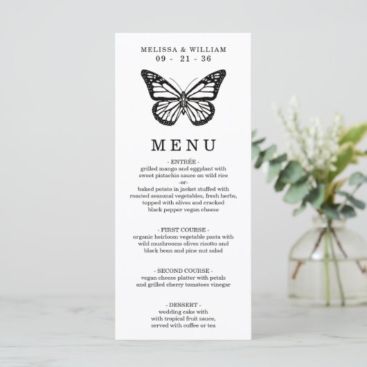 Zwart-witte vlinder bruiloft menu (Staand voorkant)
