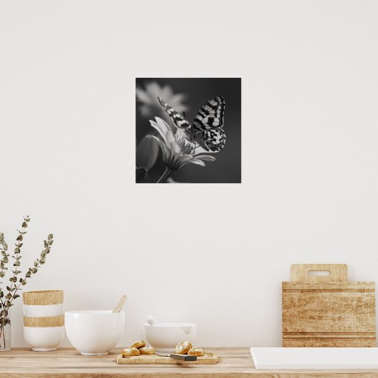 Zwart-witte vlinder en bloem poster (Keuken)