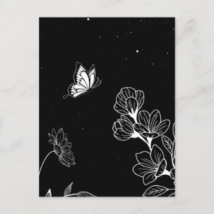 Zwart-witte vlinder en bloemen bij nacht briefkaart