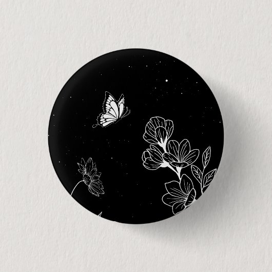 Zwart-witte vlinder en bloemen bij nacht ronde button 3,2 cm (Voorkant)