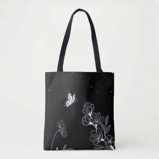 Zwart-witte vlinder en bloemen bij nacht tote bag (Voorkant)