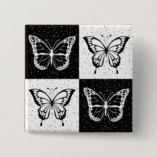 Zwart Witte Vlinder Geruite Blokprint Vierkante Button 5,1 Cm