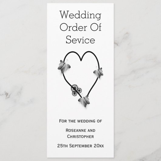 Zwart-witte vlinder hart bruiloft programma programmakaart (Voorkant)