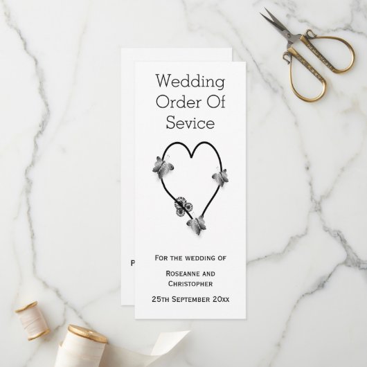 Zwart-witte vlinder hart bruiloft programma programmakaart (Voorkant / Achterkant in situ)