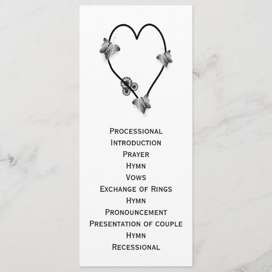 Zwart-witte vlinder hart bruiloft programma programmakaart (Achterkant)