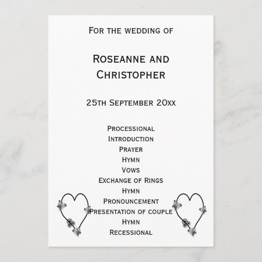 Zwart-witte vlinder hart bruiloft programma programmakaart (Achterkant)