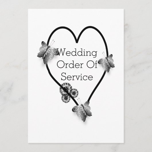 Zwart-witte vlinder hart bruiloft programma programmakaart (Voorkant)