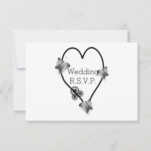 Zwart-witte vlinder hart bruiloft RSVP (Voorkant)
