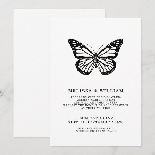 Zwart-witte vlinder moderne bruiloft kaart (Voorkant / Achterkant)