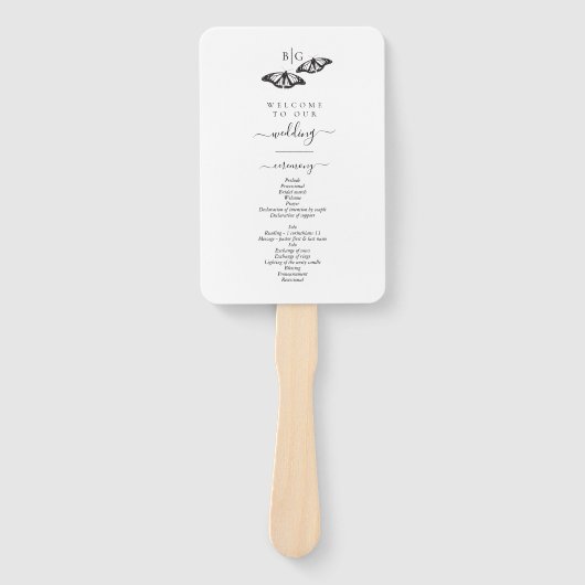 Zwart Witte Vlinder Monogram Huwelijksprogramma Handwaaier (Voorkant)