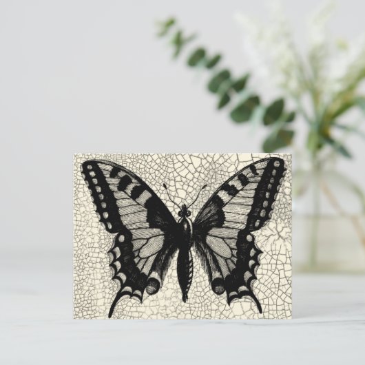 Zwart-witte vlinder op gekraakte achtergrond briefkaart (Staand voorkant)
