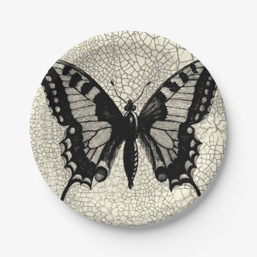Zwart-witte vlinder op gekraakte achtergrond papieren bordje (Voorkant)