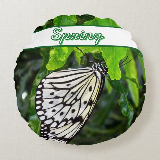 Zwart-witte vlinder op groene aangepaste naam rond kussen (Voorkant)
