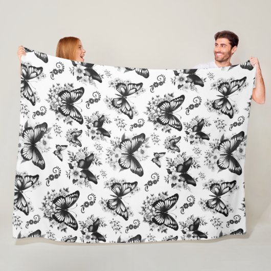 Zwart Witte Vlinder Patroon Fleece Deken (In situ)