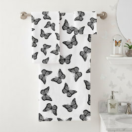 Zwart-Witte Vlinders Badkamer Handdoeken Set