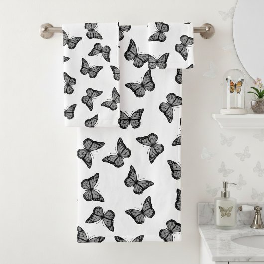 Zwart-Witte Vlinders Badkamer Handdoeken Set