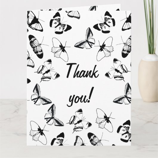 Zwart-witte vlinders bruiloft bedankkaart (Voorkant)