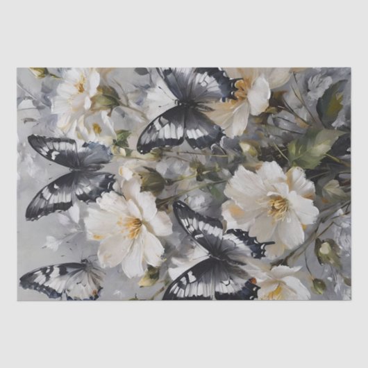 Zwart-Witte Vlinders Op Witte Bloemen, Tissuepapier (Voorkant)