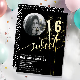 Zwart-witte vonkende Sweet 16 verjaardagsfoto Folie Uitnodiging