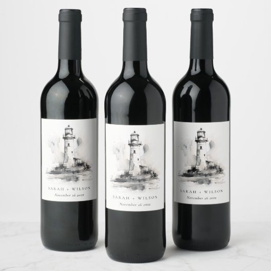 Zwart & Witte Vuurtoren Nautische Schets Bruiloft Wijn Etiket (Flessen)