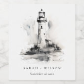 Zwart & Witte Vuurtoren Nautische Schets Bruiloft Wijn Etiket (Enkel label)