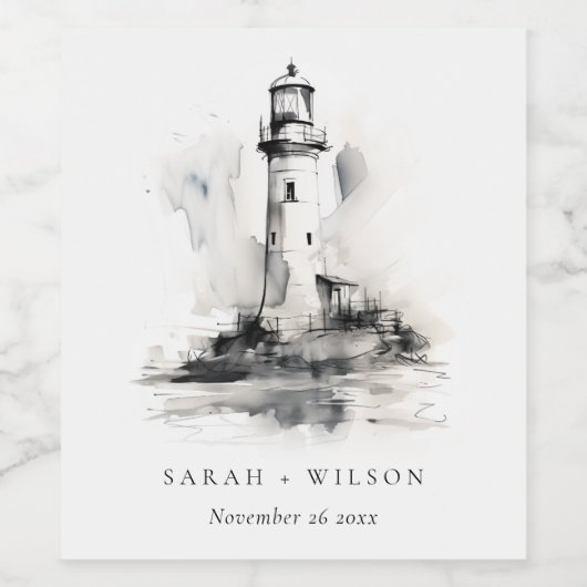 Zwart & Witte Vuurtoren Nautische Schets Bruiloft Wijn Etiket (Enkel label)