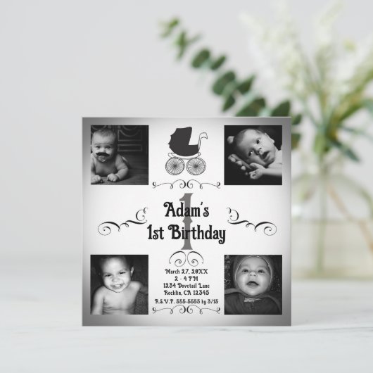 Zwart & Witte Wandelaarskinderwagen Foto 1e Verjaa Kaart (Staand voorkant)