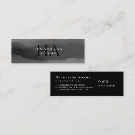 Zwart-witte Waterverf - Abstract monogram Mini Visitekaartje (Voorkant / Achterkant)