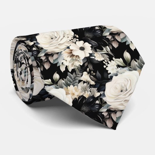 Zwart-witte waterverf bloemen formele halsdas stropdas (Opgerold)