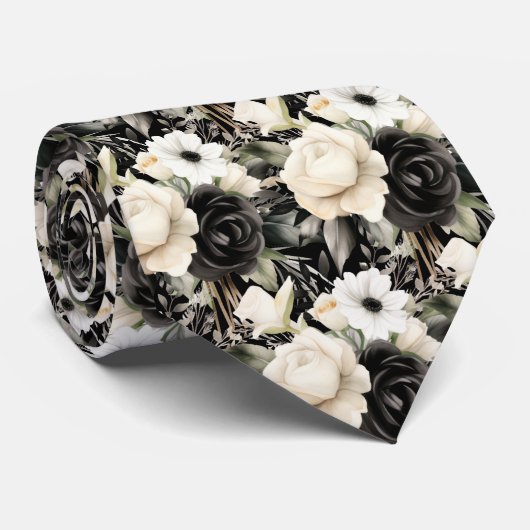 Zwart-witte waterverf bloemen formele stropdas (Opgerold)