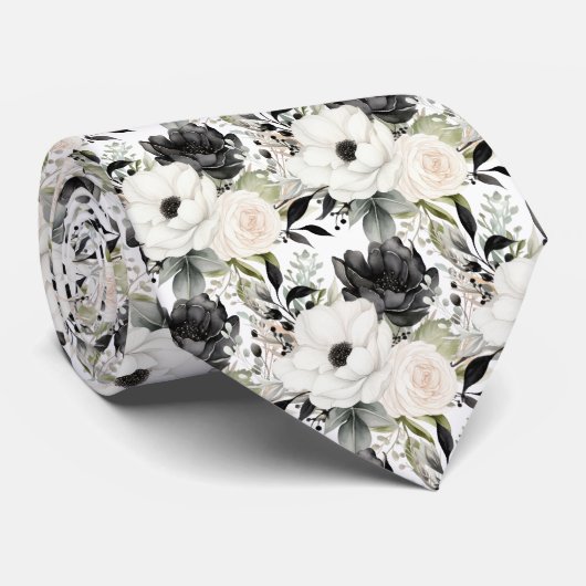Zwart-witte waterverf bloemformele stropdas (Opgerold)