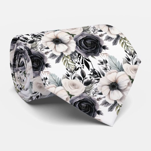 Zwart-witte waterverf bloemformele stropdas (Opgerold)