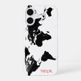Zwart & Witte Wereldkaart – Persoonlijk iPhone 16 Hoesje