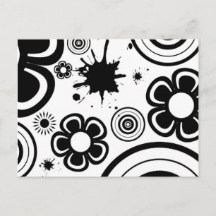Zwart-Witte Whimsical Bloemen, Cirkels, Spatten Briefkaart