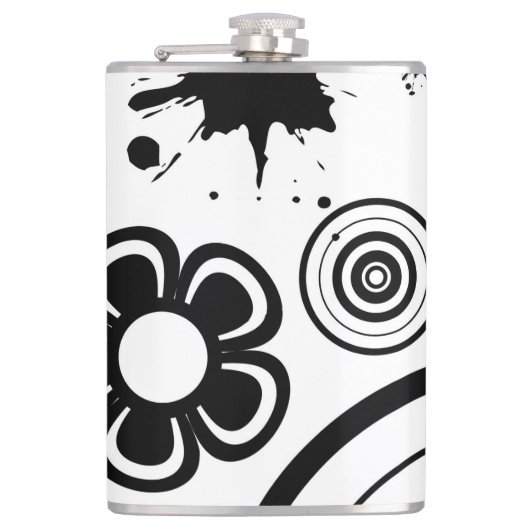Zwart-Witte Whimsical Bloemen, Cirkels, Spatten Heupfles (Voorkant)