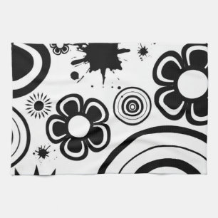 Zwart & Witte Whimsical Bloemen, Cirkels, Spatten Theedoek
