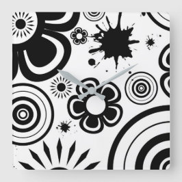 Zwart-Witte Whimsical Bloemen, Cirkels, Spatten Vierkante Klok
