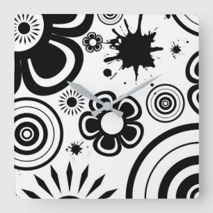 Zwart-Witte Whimsical Bloemen, Cirkels, Spatten Vierkante Klok