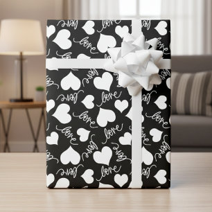 Zwart & Witte Whimsical Cursieve Liefde & Harten Cadeaupapier