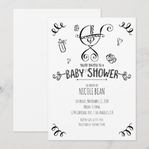 Zwart & Witte Whimsical Wandelwagen Baby Shower Kaart