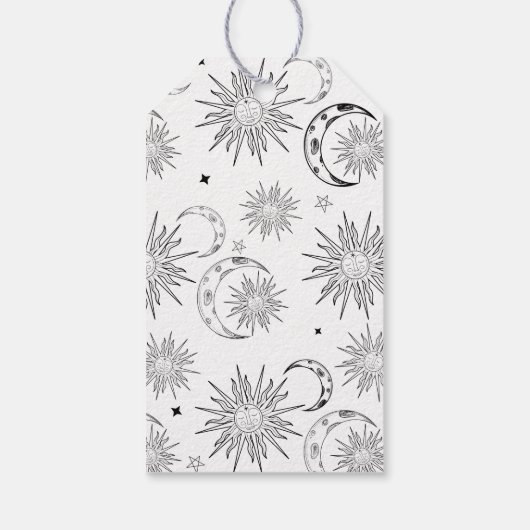 Zwart & Witte Whimsical Zon Hemelgeboorte Cadeaulabel (Achterkant)